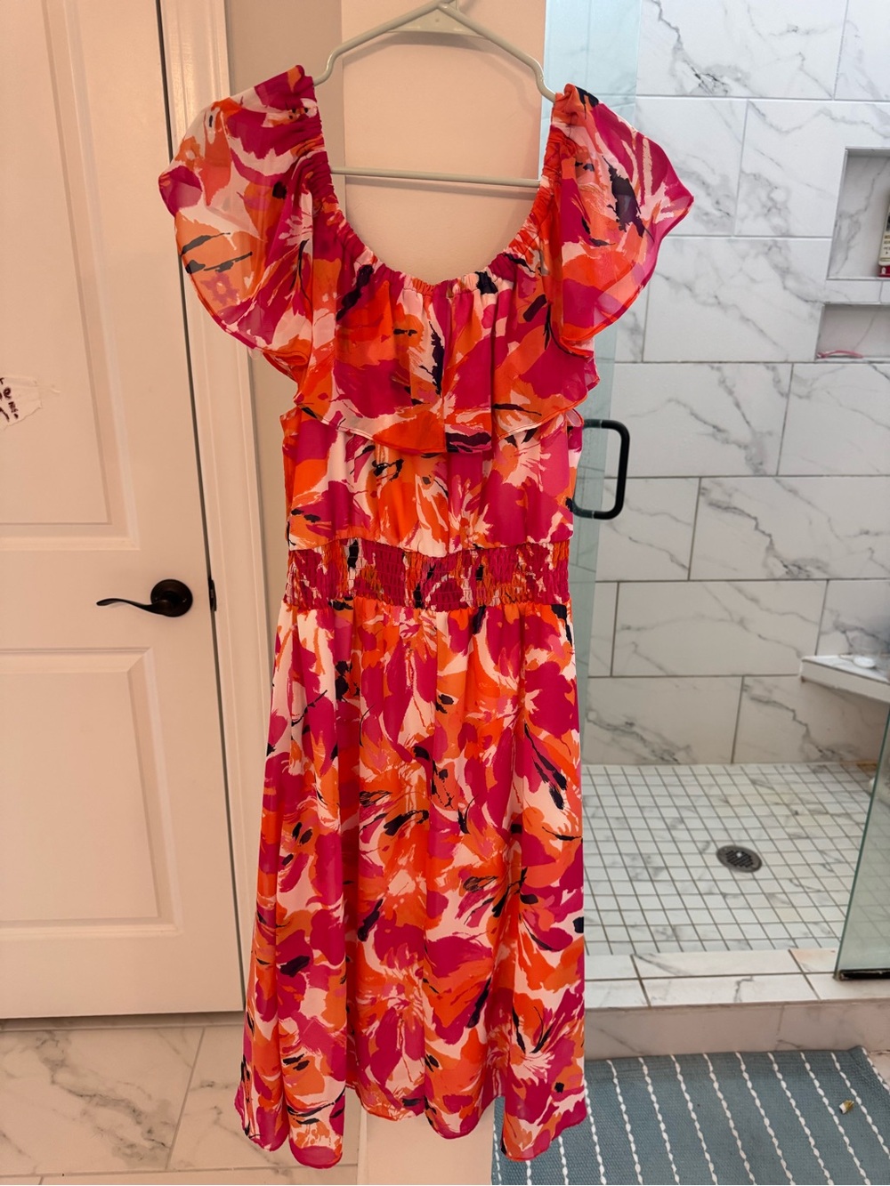 Sandra Darren Pink & Orange Floral Midi Dress with Ruffle Neck